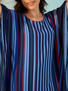The Kaftan Company Kaftan Navy Multi-Stripe Polyester Crepe Kaftan with Ruffle Hem