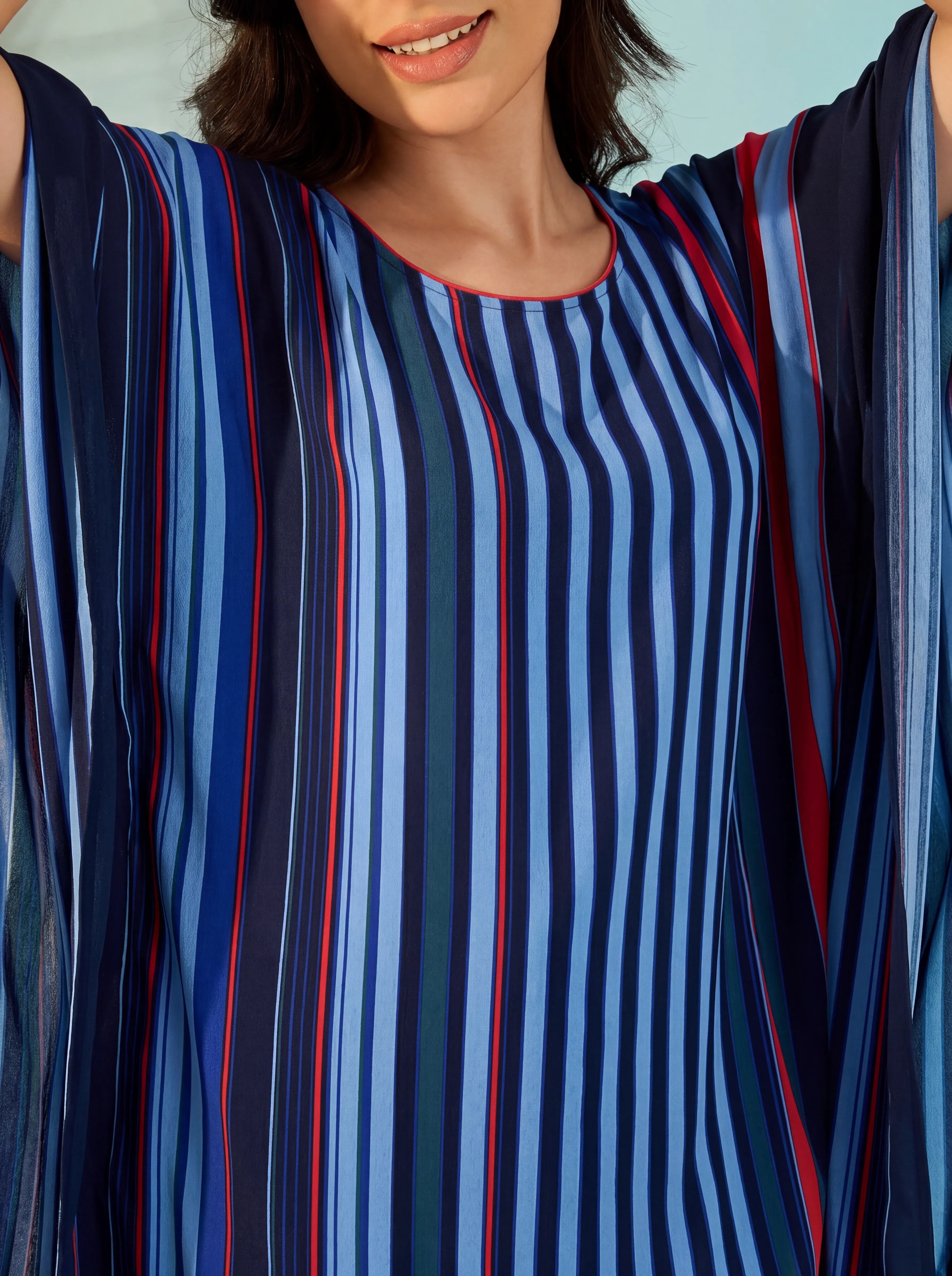 The Kaftan Company Kaftan Navy Multi-Stripe Polyester Crepe Kaftan with Ruffle Hem