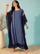 The Kaftan Company Kaftan Navy Multi-Stripe Polyester Crepe Kaftan with Ruffle Hem