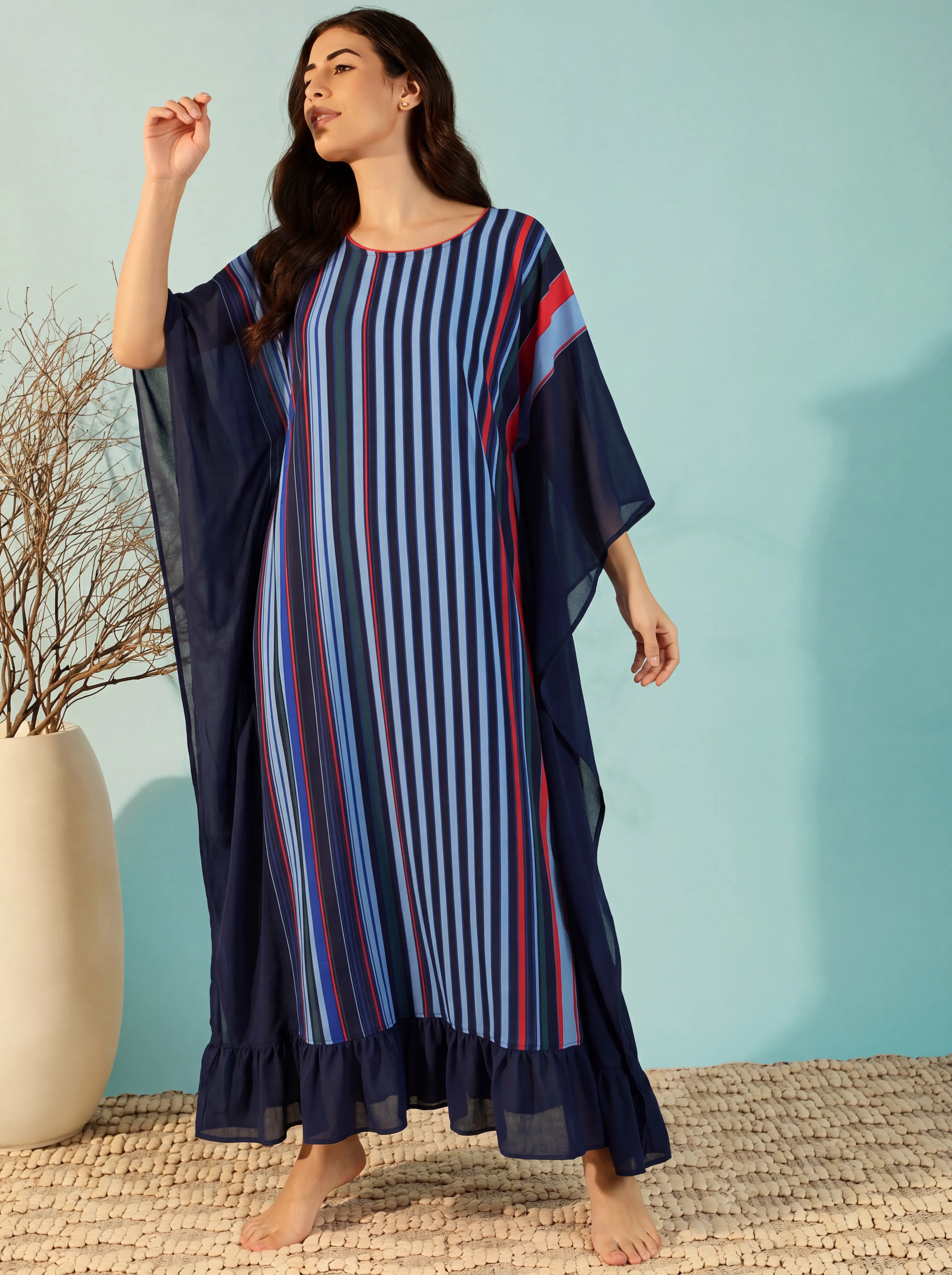 The Kaftan Company Kaftan Navy Multi-Stripe Polyester Crepe Kaftan with Ruffle Hem