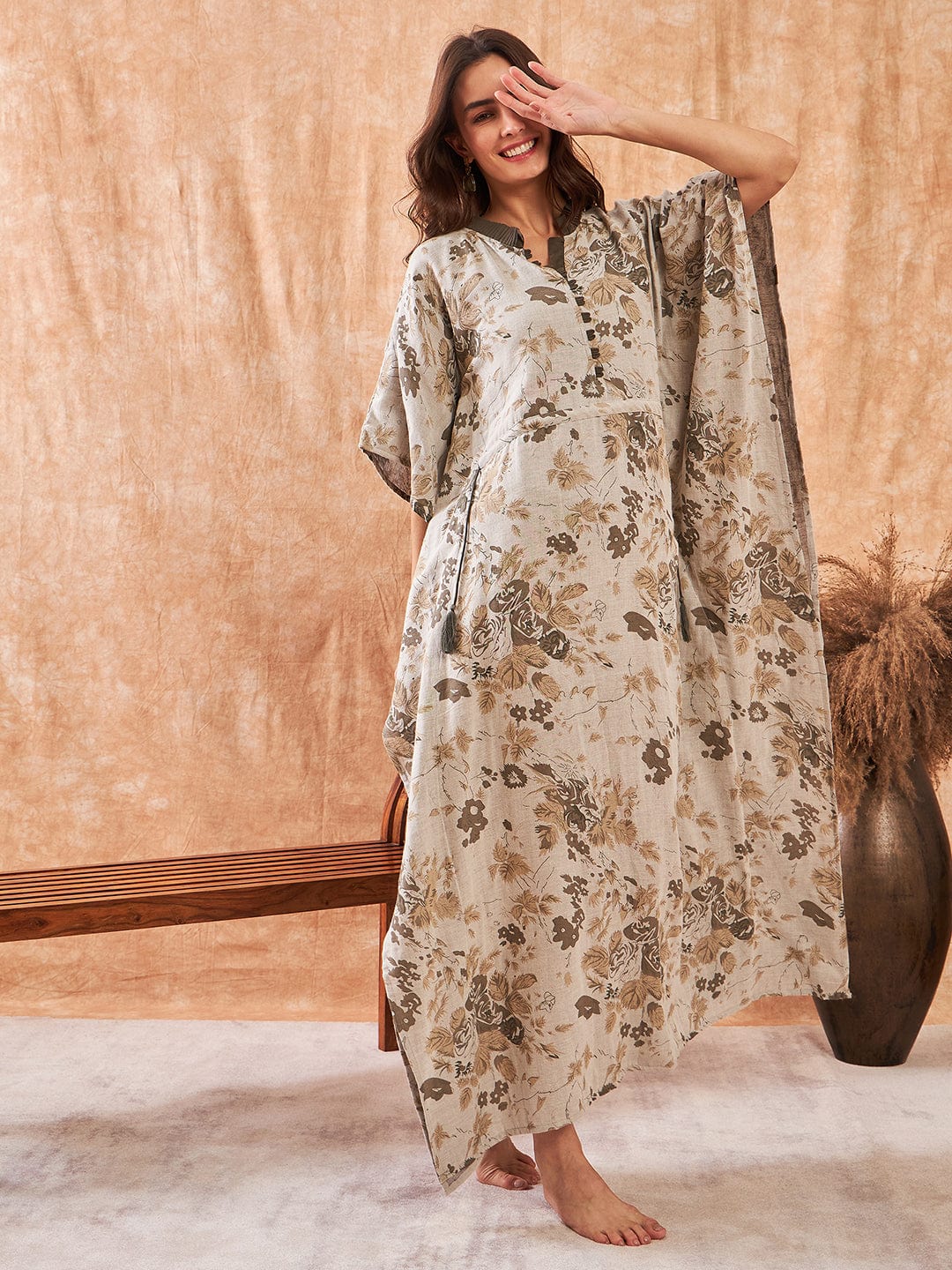The Kaftan Company Kaftan Olive Breeze Cotton Tie-Up Kaftan