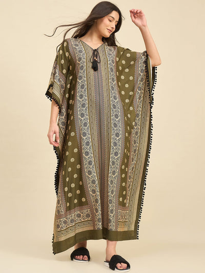 Olive Ethnic Printed Kaftan – Front Tassel Tie-Up & Pom-Pom Sleeves