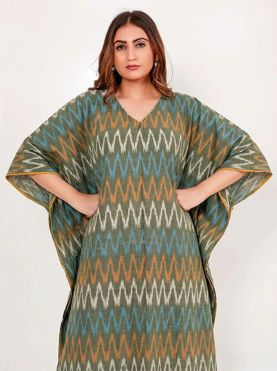 The Kaftan Company Kaftan Olive Green Ikat Cotton Kaftan with Pockets