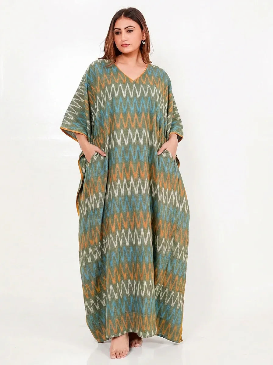 The Kaftan Company Kaftan Olive Green Ikat Cotton Kaftan with Pockets