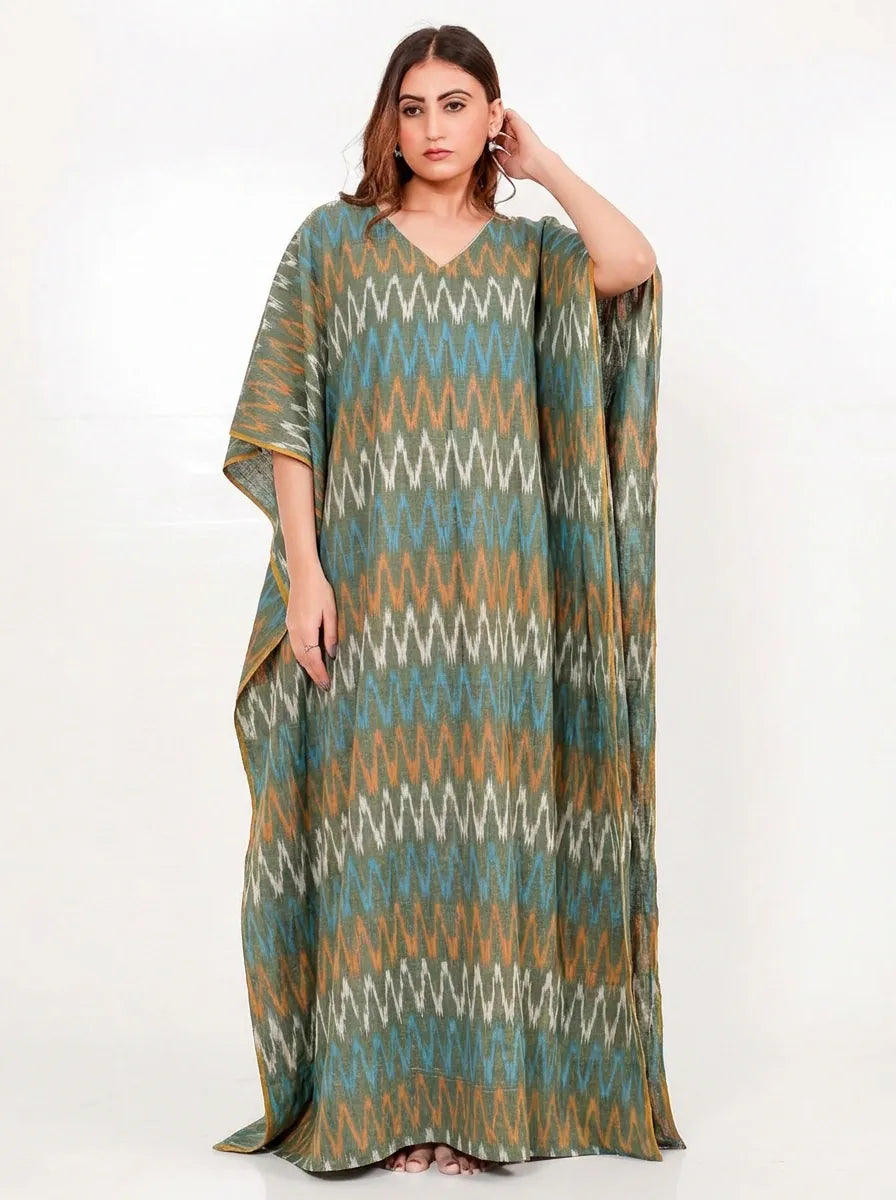 The Kaftan Company Kaftan Olive Green Ikat Cotton Kaftan with Pockets