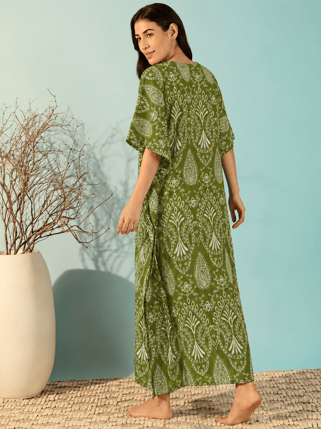 The Kaftan Company Kaftan Olive Green Paisley Print Cotton Kaftan