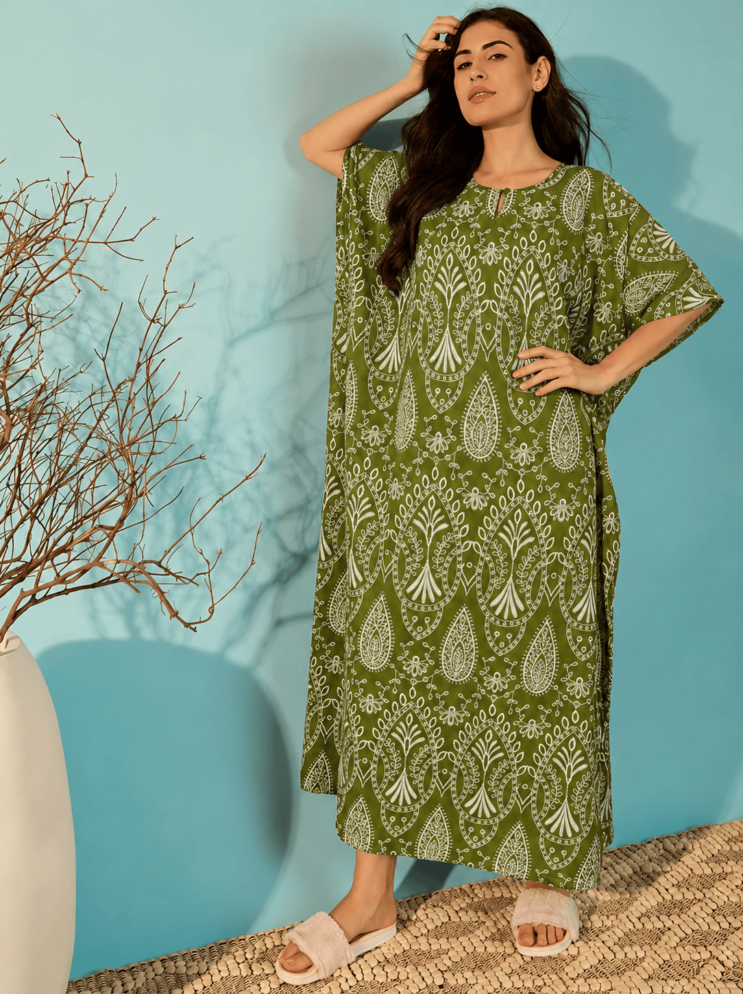 The Kaftan Company Kaftan Olive Green Paisley Print Cotton Kaftan
