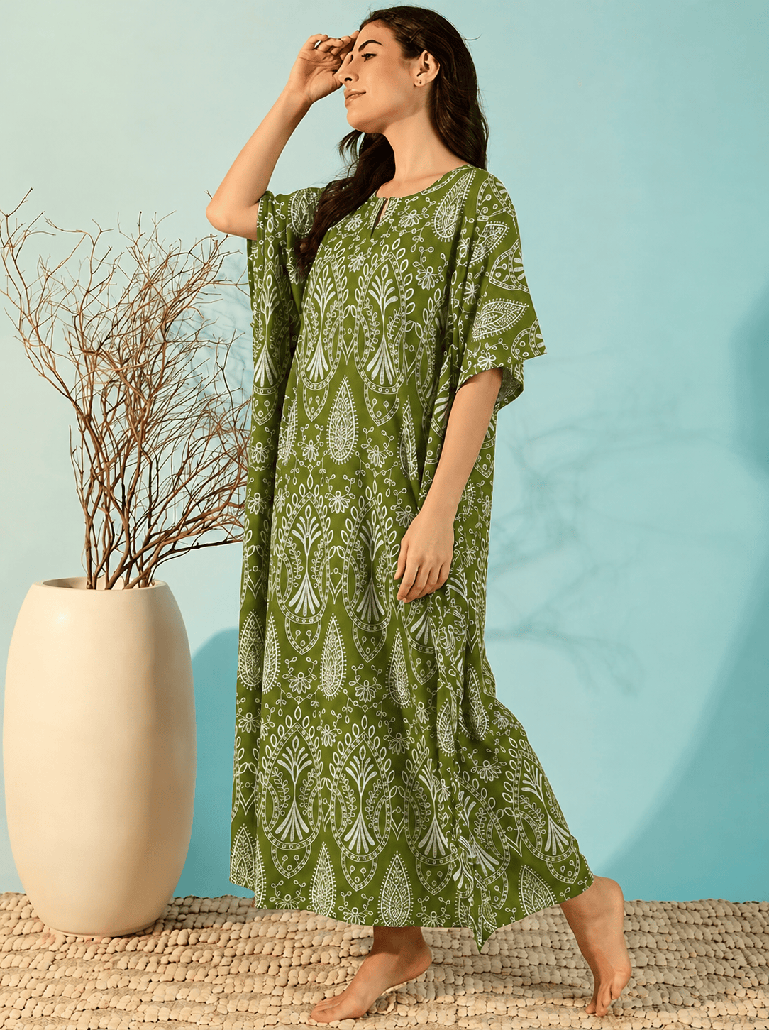 The Kaftan Company Kaftan Olive Green Paisley Print Cotton Kaftan