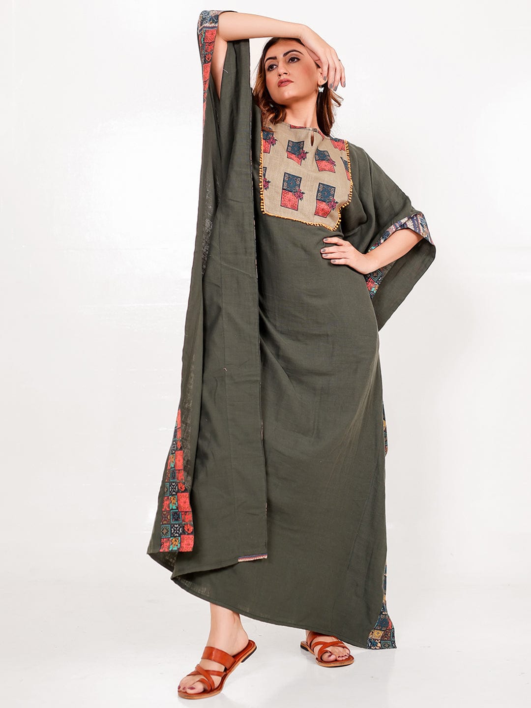 The Kaftan Company Kaftan Olive Green Patchwork Cotton Maxi Kaftan