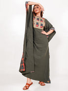 The Kaftan Company Kaftan Olive Green Patchwork Cotton Maxi Kaftan