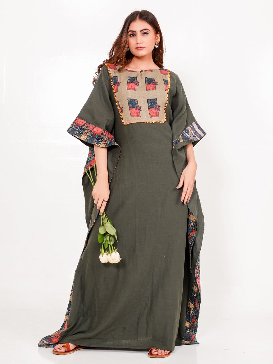 The Kaftan Company Kaftan Olive Green Patchwork Cotton Maxi Kaftan