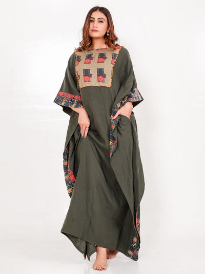 The Kaftan Company Kaftan Olive Green Patchwork Cotton Maxi Kaftan