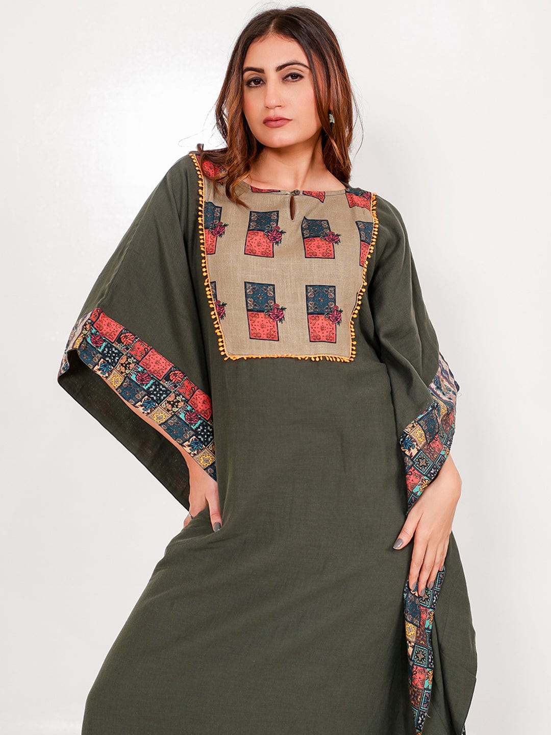 The Kaftan Company Kaftan Olive Green Patchwork Cotton Maxi Kaftan