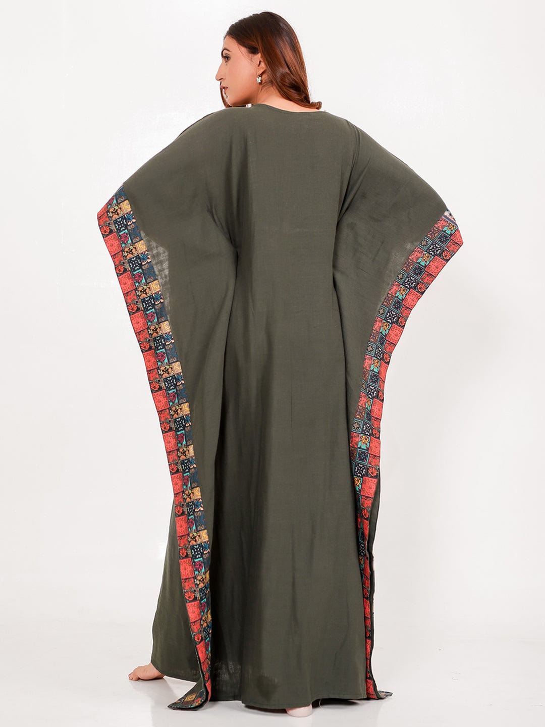 The Kaftan Company Kaftan Olive Green Patchwork Cotton Maxi Kaftan
