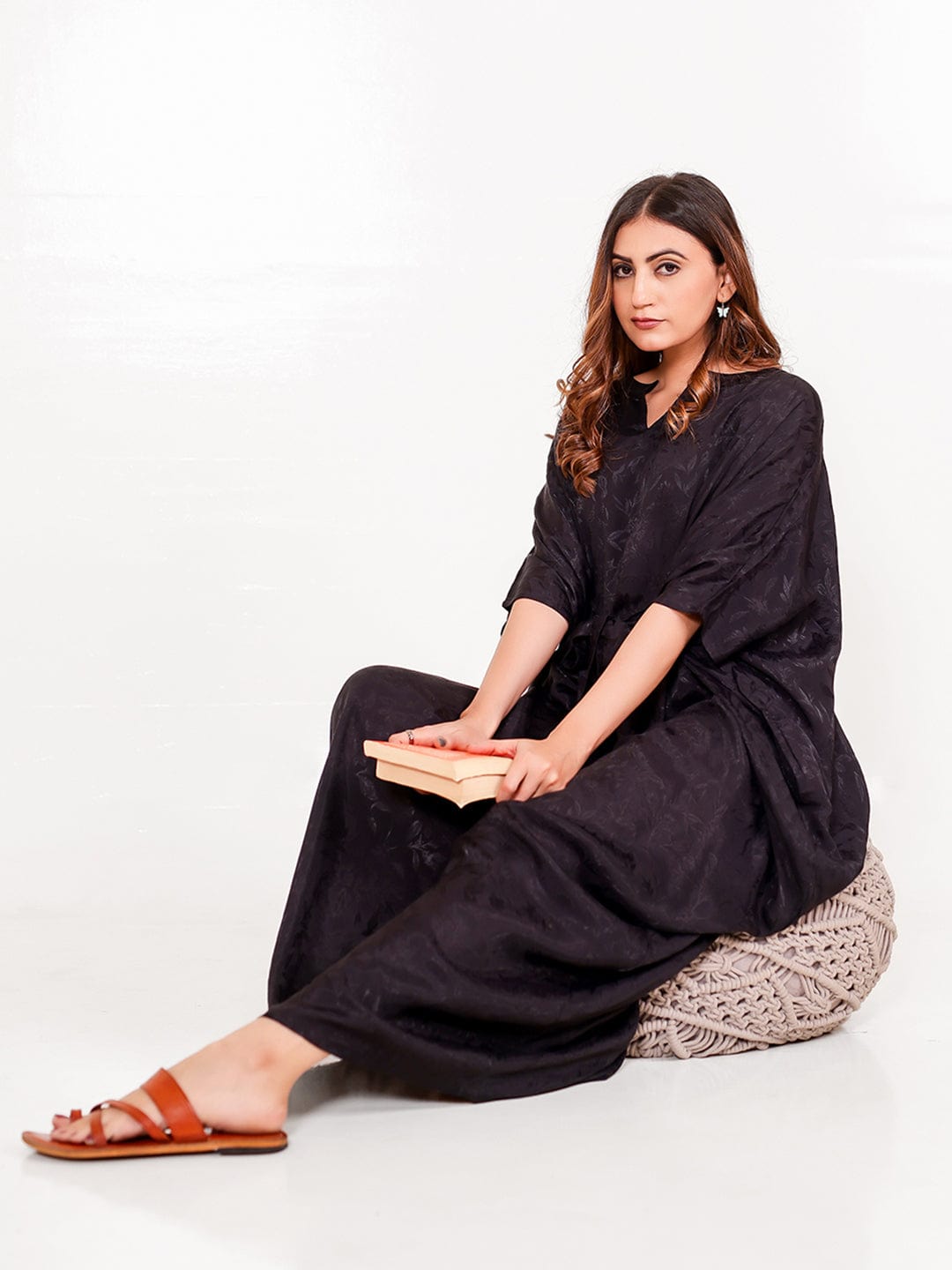 The Kaftan Company Kaftan Onesize Black Jacquard Free Size Kaftan with Pockets