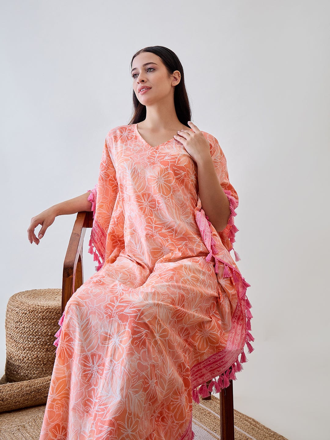 The Kaftan Company Kaftan Orange Abstract Floral Pink Tasseled Cotton Kaftan Nightdress