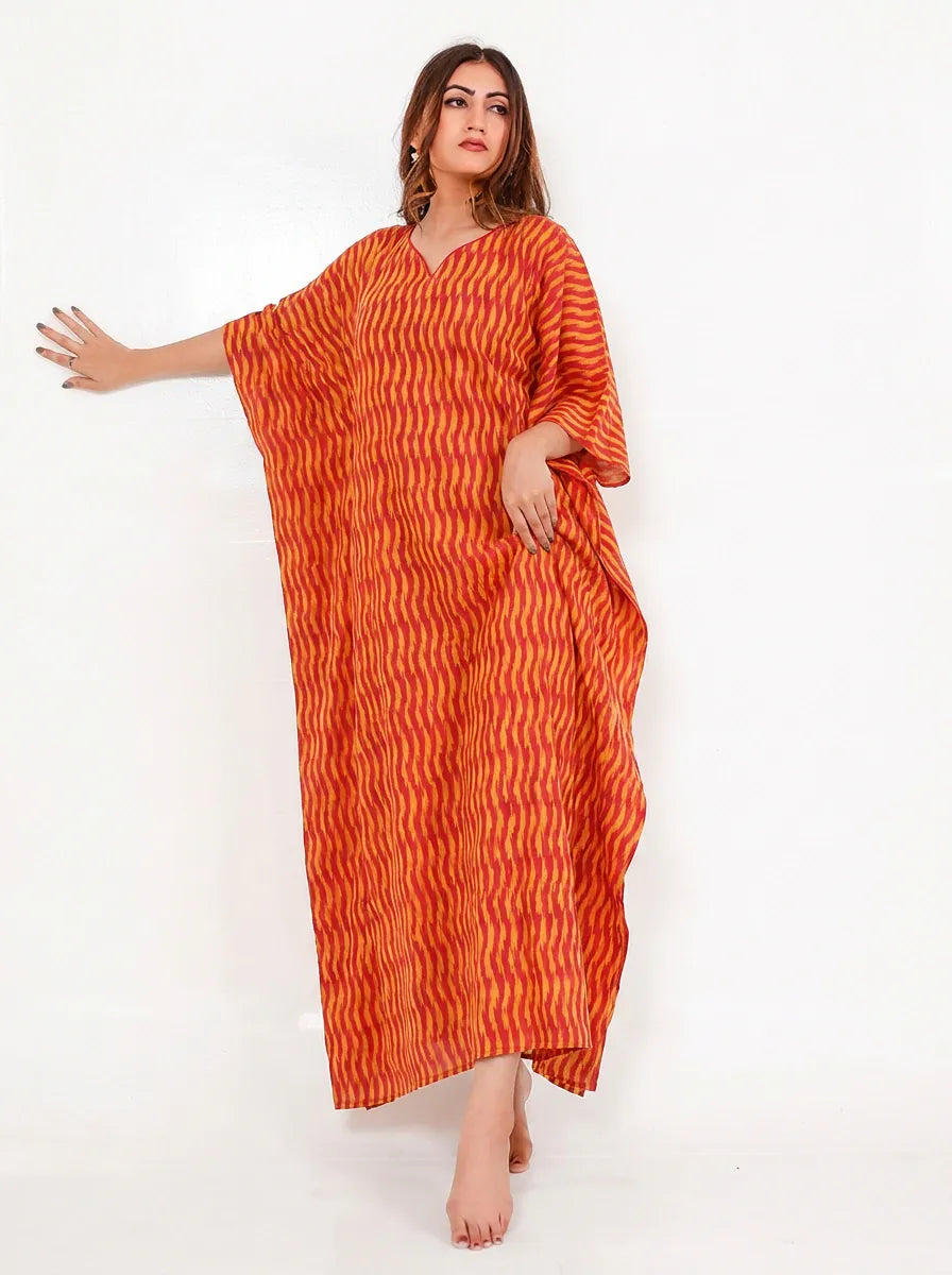 The Kaftan Company Kaftan Orange Ikat Handloom Cotton Kaftan with Side Pockets