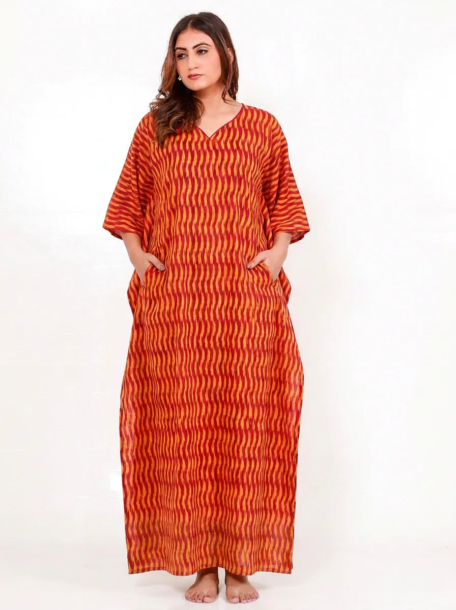 The Kaftan Company Kaftan Orange Ikat Handloom Cotton Kaftan with Side Pockets