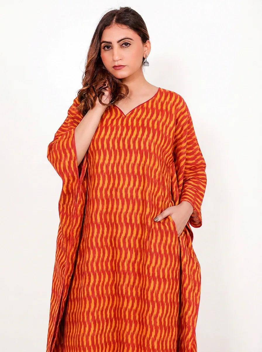 The Kaftan Company Kaftan Orange Ikat Handloom Cotton Kaftan with Side Pockets