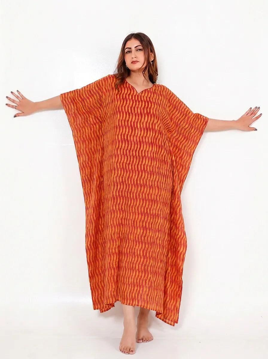 The Kaftan Company Kaftan Orange Ikat Handloom Cotton Kaftan with Side Pockets