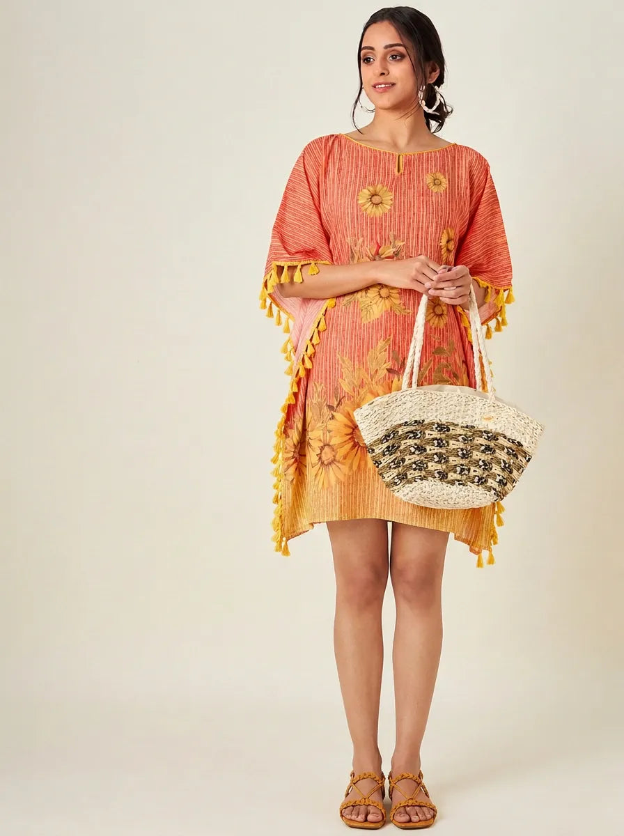 The Kaftan Company Kaftan Orange Sunflower Print Short Kaftan with Tassel Trim