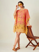 The Kaftan Company Kaftan Orange Sunflower Print Short Kaftan with Tassel Trim