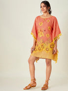 The Kaftan Company Kaftan Orange Sunflower Print Short Kaftan with Tassel Trim