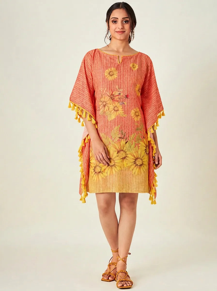 The Kaftan Company Kaftan Orange Sunflower Print Short Kaftan with Tassel Trim