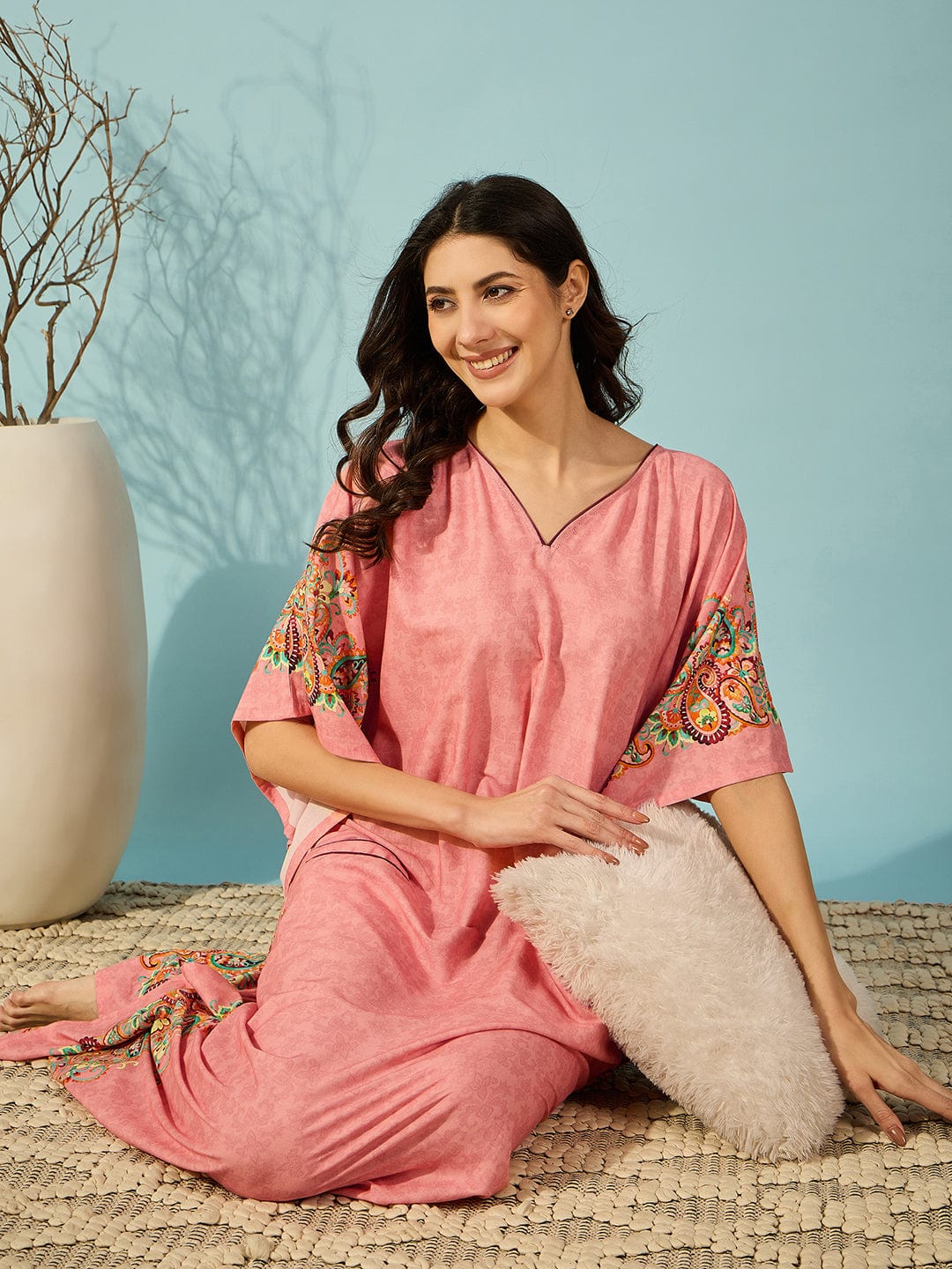 The Kaftan Company Kaftan Paisley Pink Kaftan with Pockets
