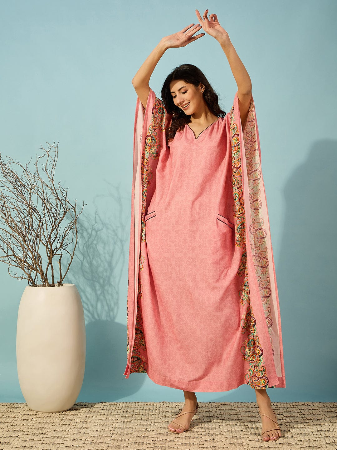 The Kaftan Company Kaftan Paisley Pink Kaftan with Pockets