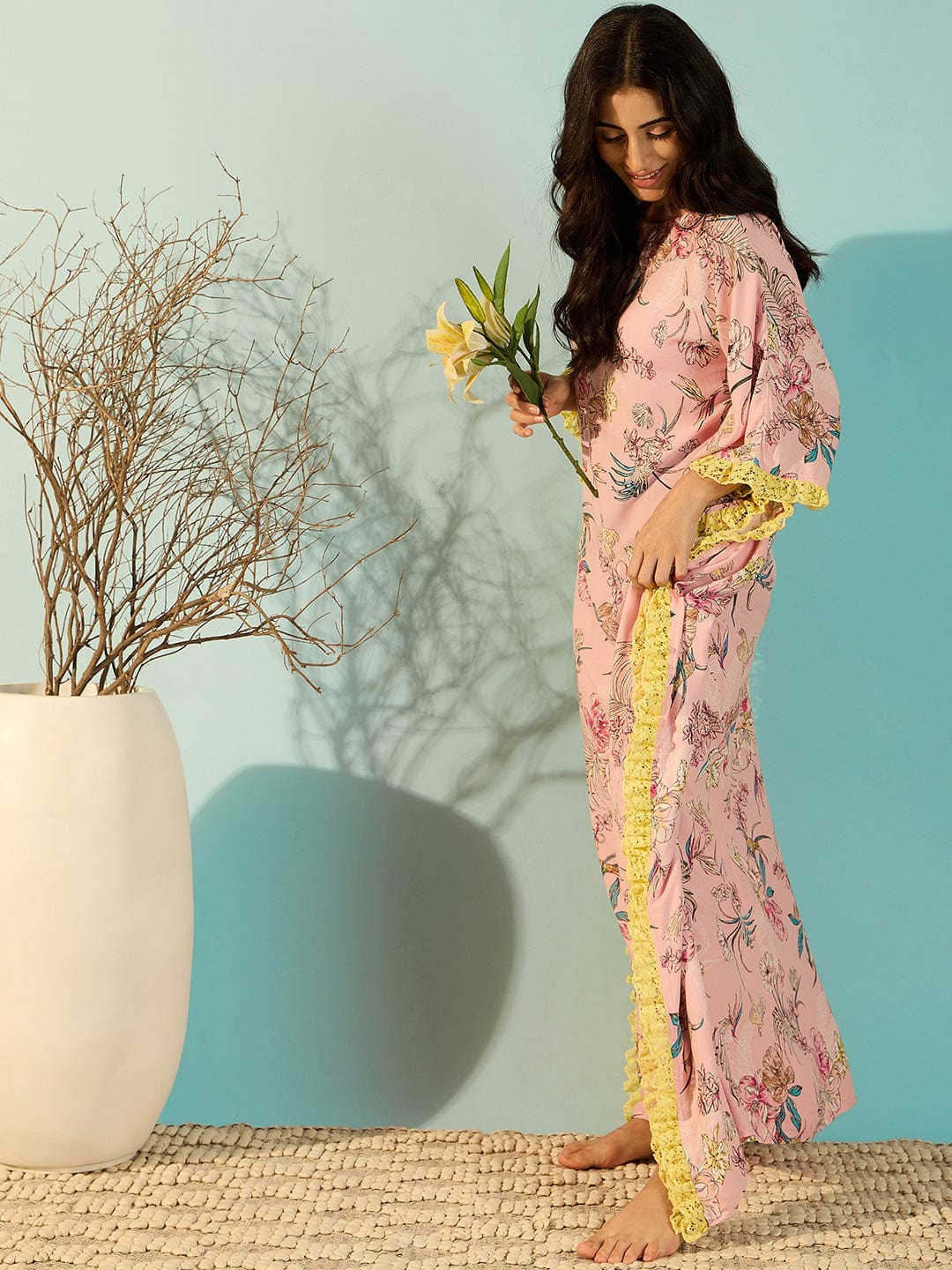 The Kaftan Company Kaftan Pastel Pink Floral Loungewear Kaftan Nighty For Women