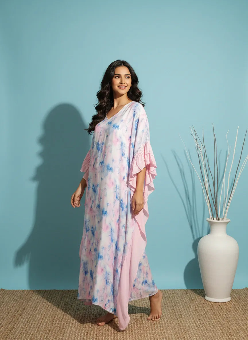 The Kaftan Company Kaftan Pastel Tie-Dye Kaftan with Double Frill