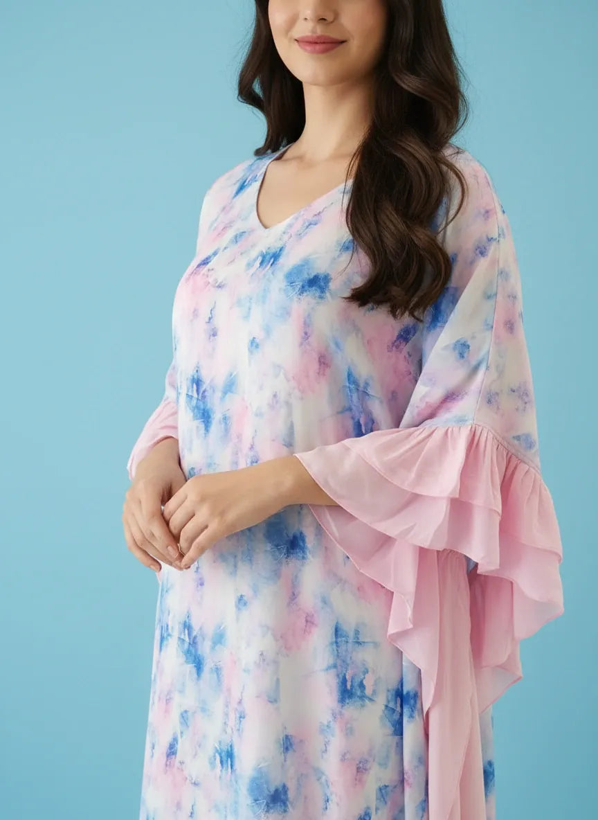 The Kaftan Company Kaftan Pastel Tie-Dye Kaftan with Double Frill