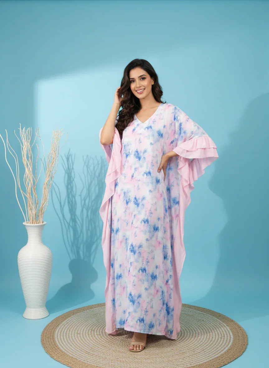 The Kaftan Company Kaftan Pastel Tie-Dye Kaftan with Double Frill