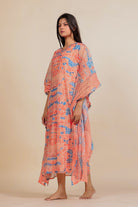 The Kaftan Company Kaftan Peach and Blue Abstract Printed Kaftan Nightdress with Slip Inner