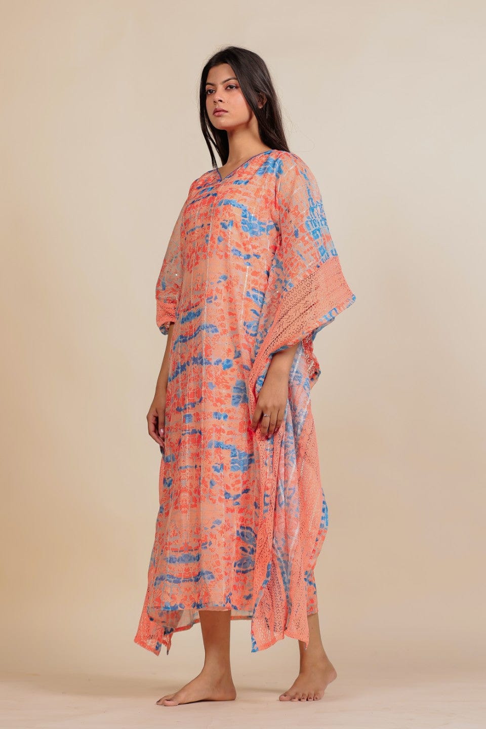 The Kaftan Company Kaftan Peach and Blue Abstract Printed Kaftan Nightdress with Slip Inner