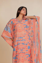 The Kaftan Company Kaftan Peach and Blue Abstract Printed Kaftan Nightdress with Slip Inner