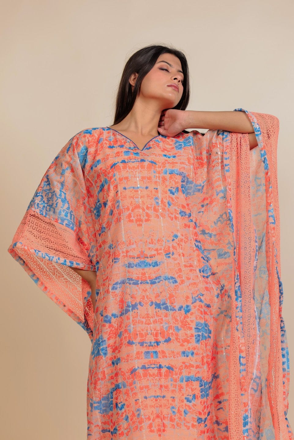 The Kaftan Company Kaftan Peach and Blue Abstract Printed Kaftan Nightdress with Slip Inner