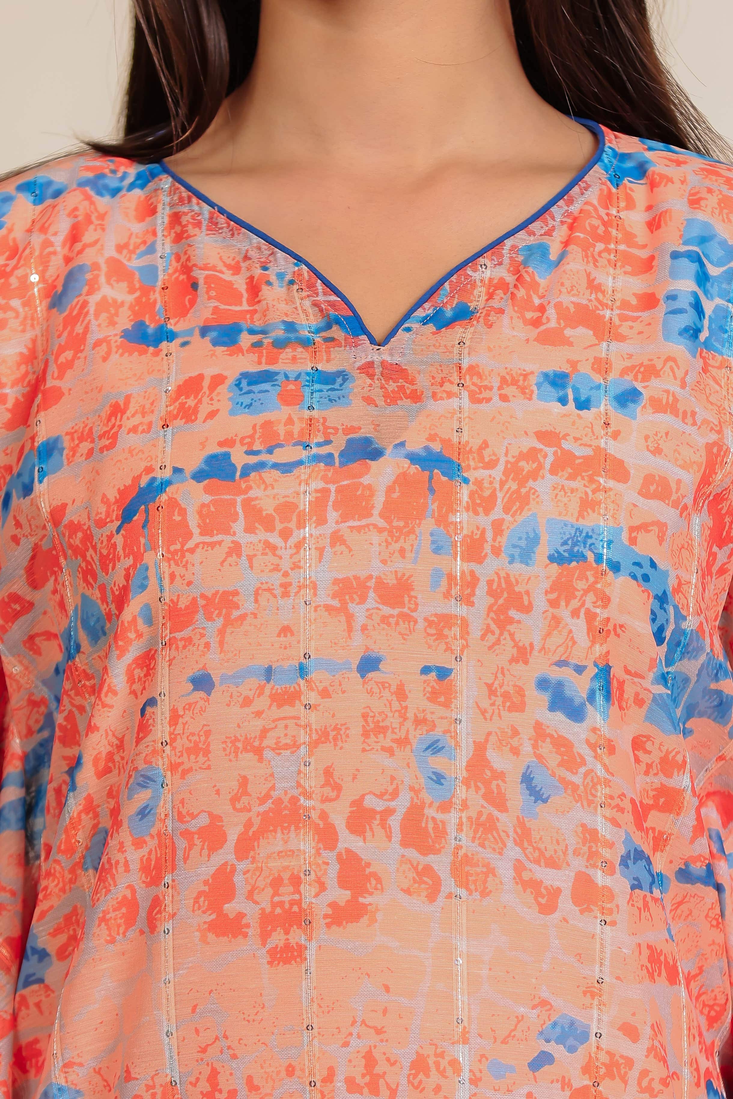 The Kaftan Company Kaftan Peach and Blue Abstract Printed Kaftan Nightdress with Slip Inner