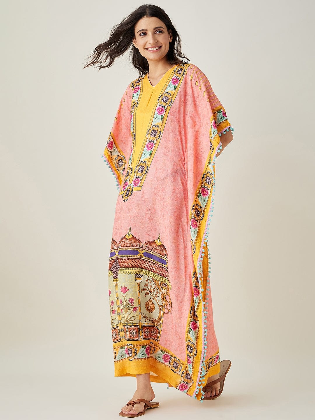 The Kaftan Company Kaftan Peach and Yellow Ornate Floral Kaftan