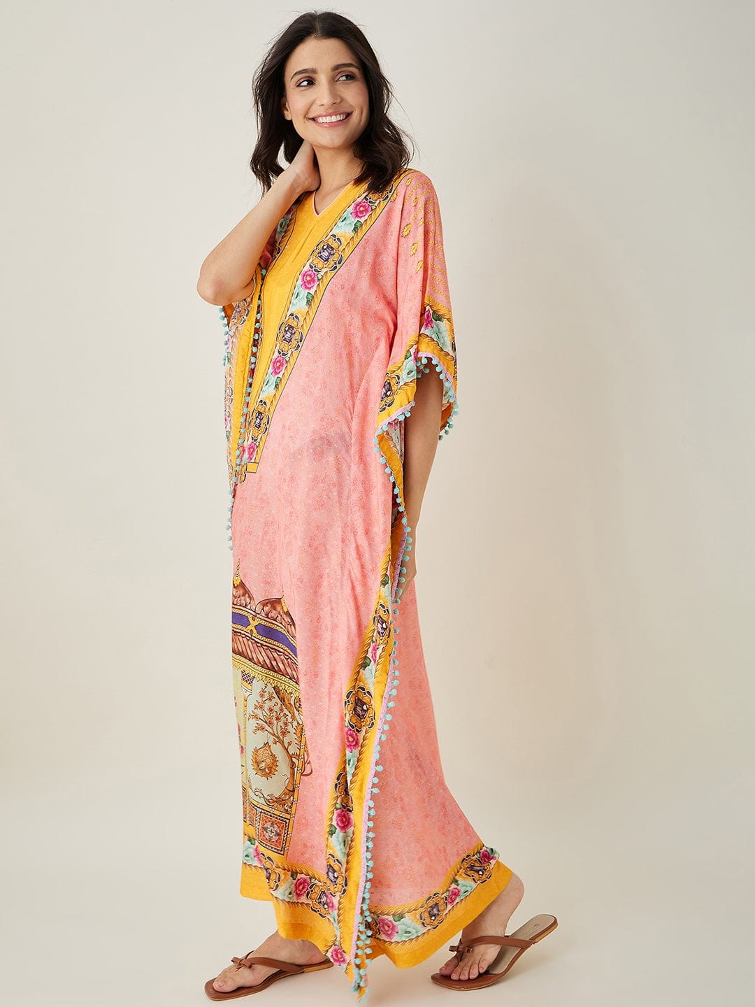 The Kaftan Company Kaftan Peach and Yellow Ornate Floral Kaftan