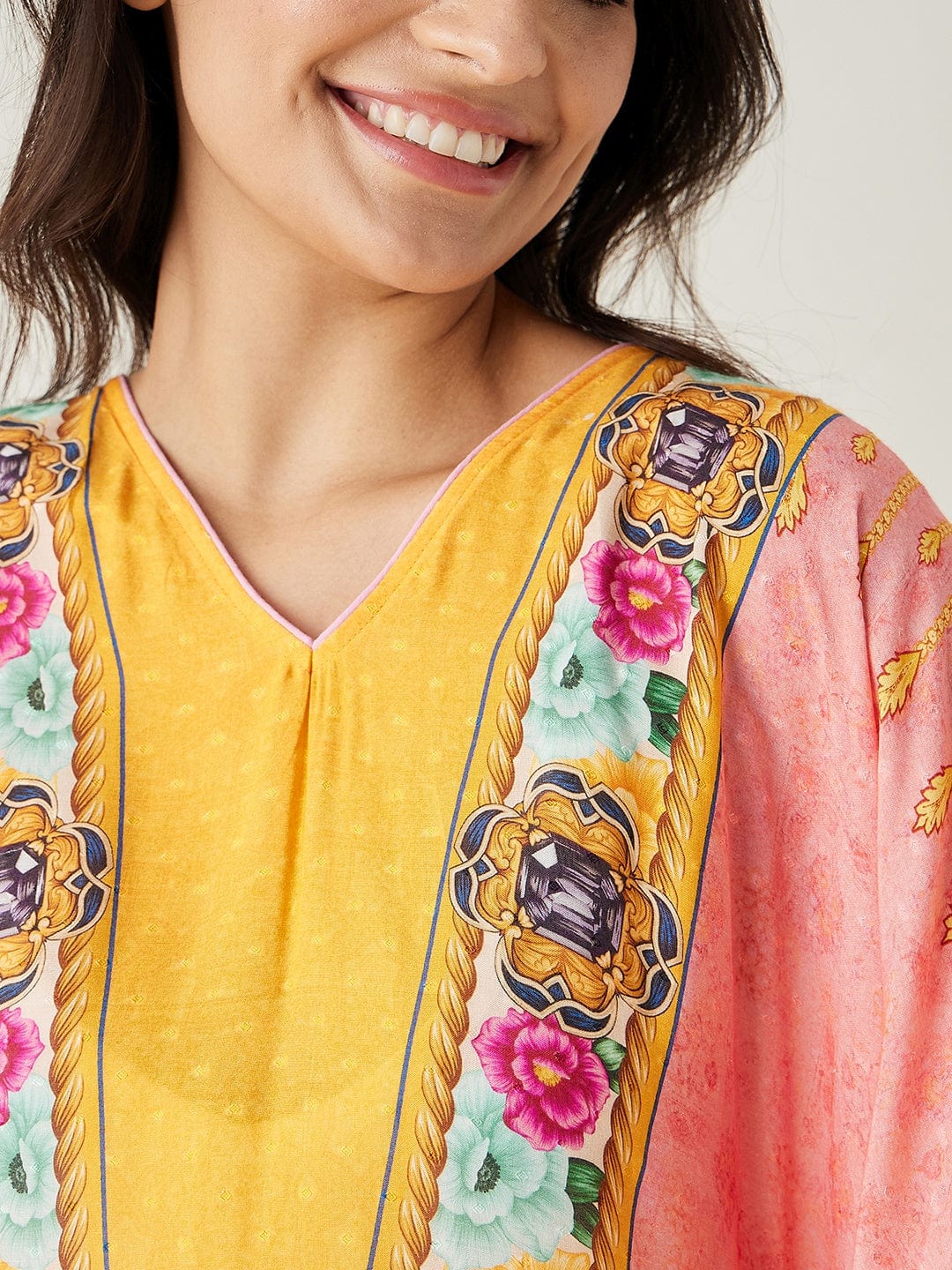 The Kaftan Company Kaftan Peach and Yellow Ornate Floral Kaftan