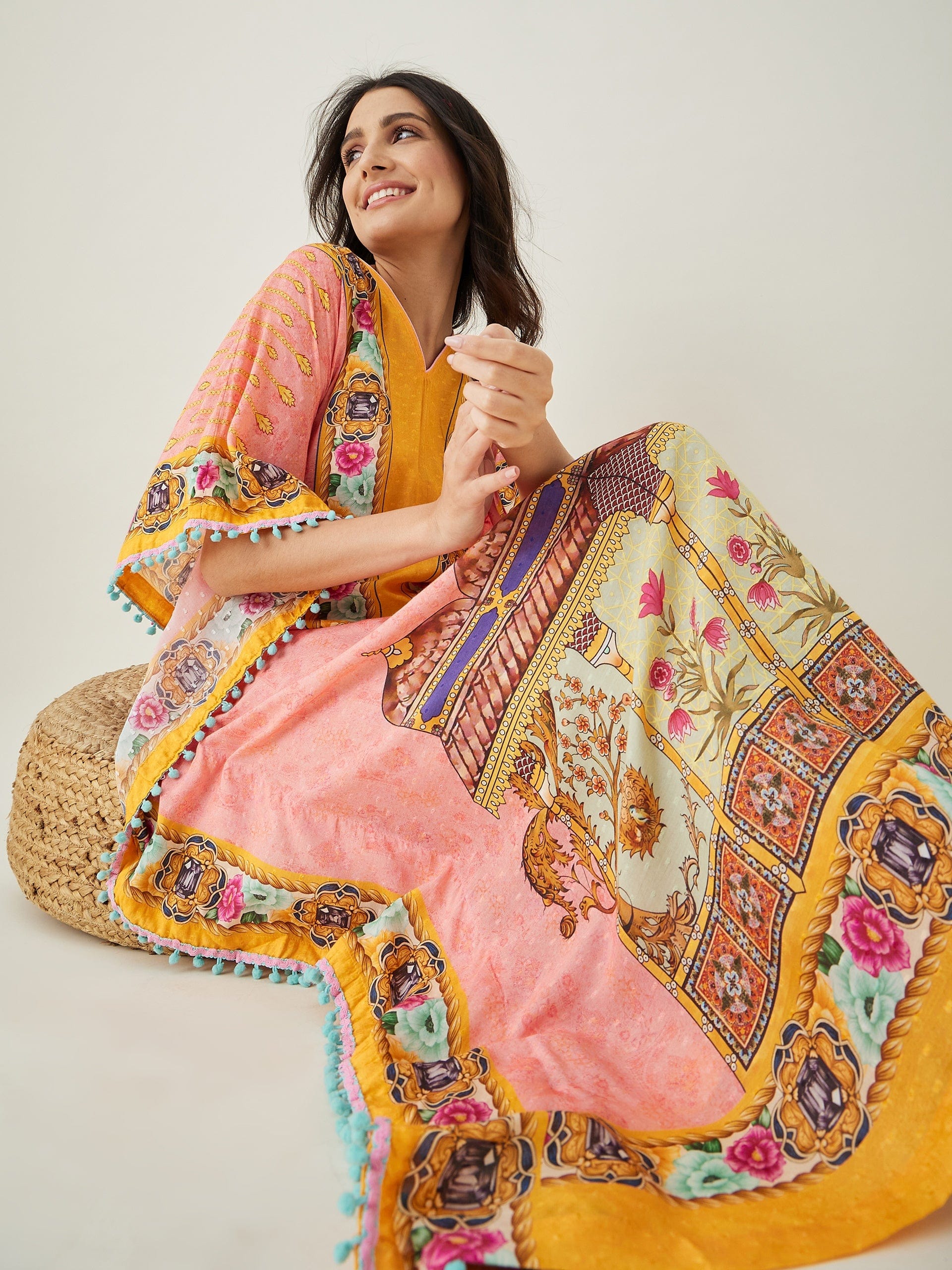 The Kaftan Company Kaftan Peach and Yellow Ornate Floral Kaftan