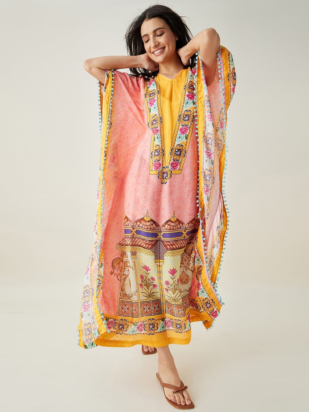 The Kaftan Company Kaftan Peach and Yellow Ornate Floral Kaftan