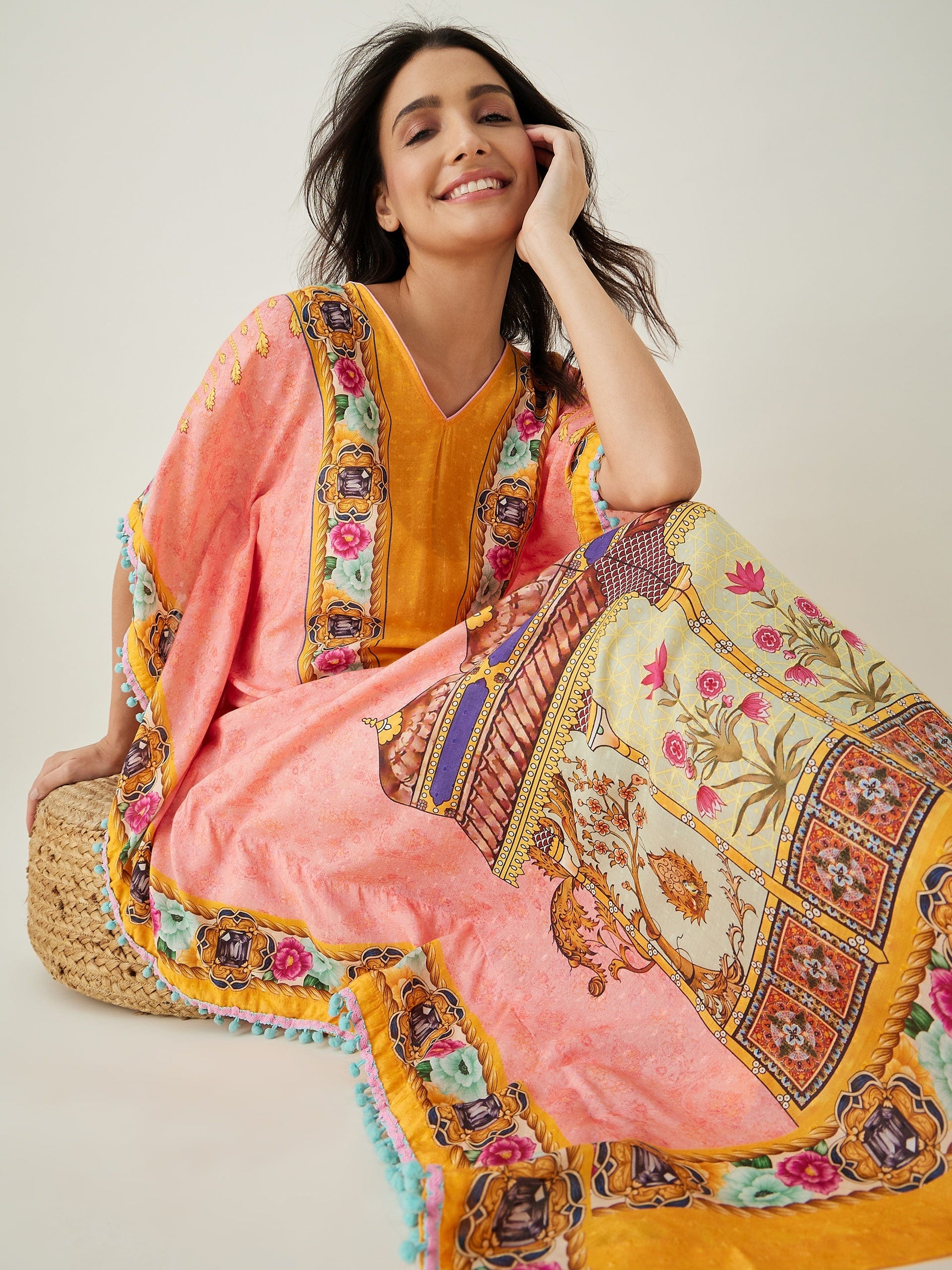 The Kaftan Company Kaftan Peach and Yellow Ornate Floral Kaftan