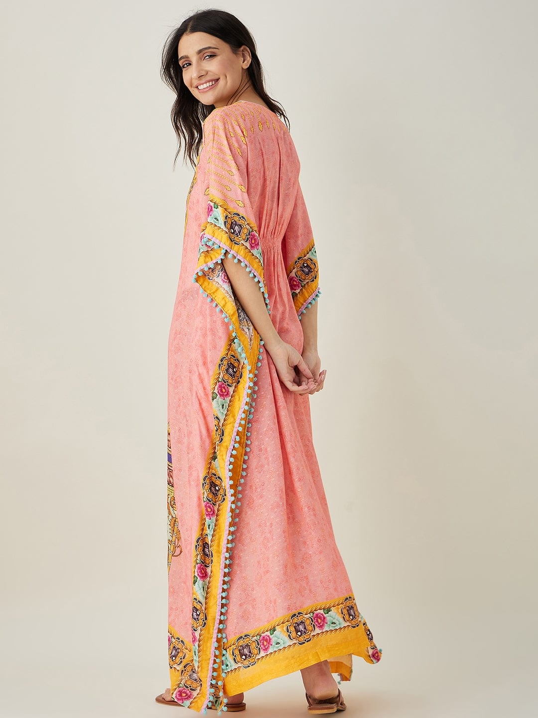 The Kaftan Company Kaftan Peach and Yellow Ornate Floral Kaftan