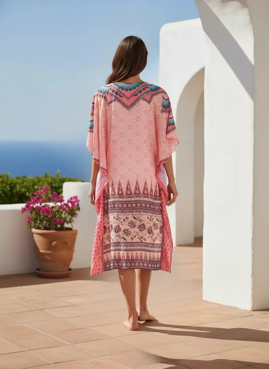 The Kaftan Company Kaftan Peach Ethnic Printed Satin Loungewear Kaftan