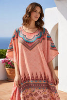 The Kaftan Company Kaftan Peach Ethnic Printed Satin Loungewear Kaftan