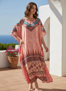 The Kaftan Company Kaftan Peach Ethnic Printed Satin Loungewear Kaftan