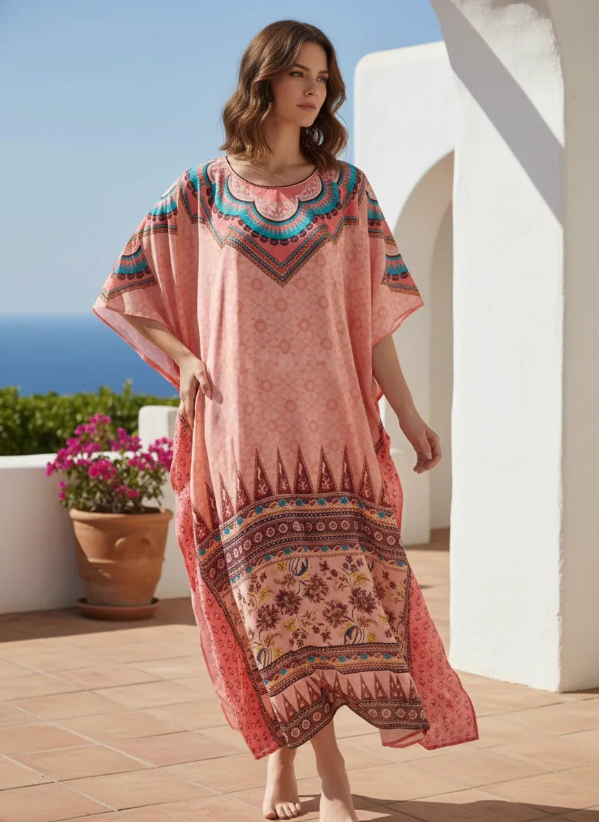 The Kaftan Company Kaftan Peach Ethnic Printed Satin Loungewear Kaftan